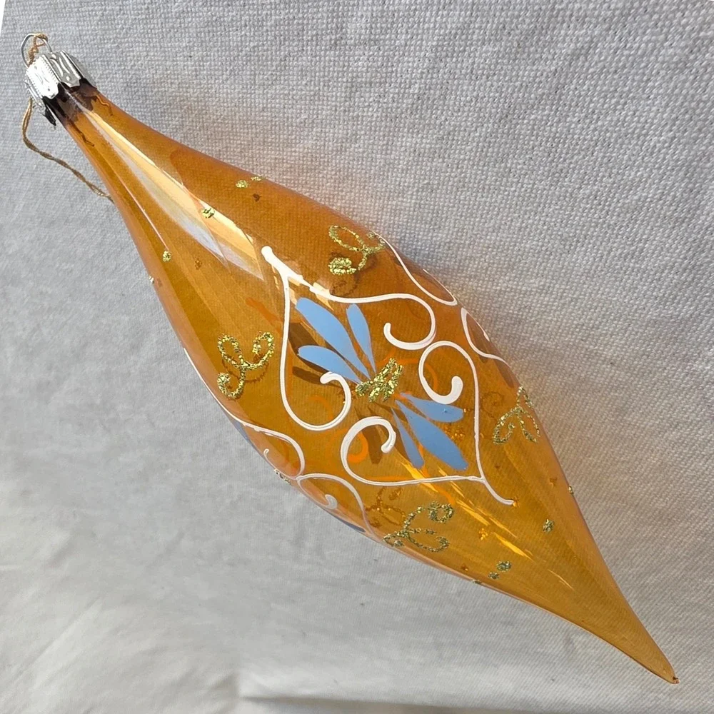 VTG Made in Italy Blown Glass Teardrop Finial Christmas Ornament Hand Painted